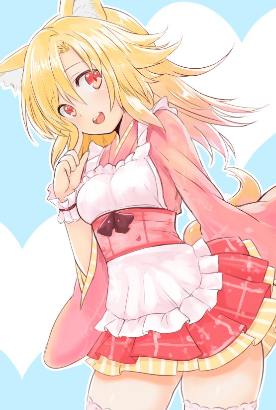 1girl animal_ear_fluff animal_ears apron blonde_hair blush bow breasts commentary_request contrapposto cowboy_shot double-breasted eyebrows_visible_through_hair fox_ears futaba_akane hand_up heart heart_hands long_hair long_sleeves looking_at_viewer medium_breasts naomi_(sekai_no_hate_no_kissaten) open_mouth original red_eyes simple_background smile solo standing underbust white_apron wide_sleeves