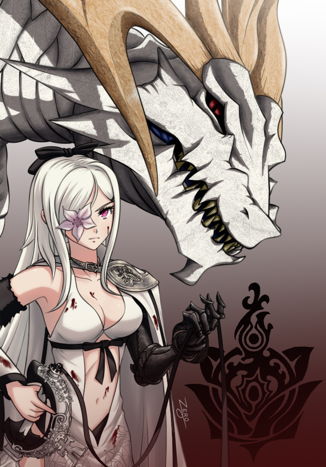 1boy 1girl blood breasts commentary_request drag-on_dragoon drag-on_dragoon_3 dragon flower_eyepatch long_hair medium_breasts mikhail_(drag-on_dragoon) prosthesis prosthetic_arm sword weapon zero_(73ro) zero_(drag-on_dragoon)
