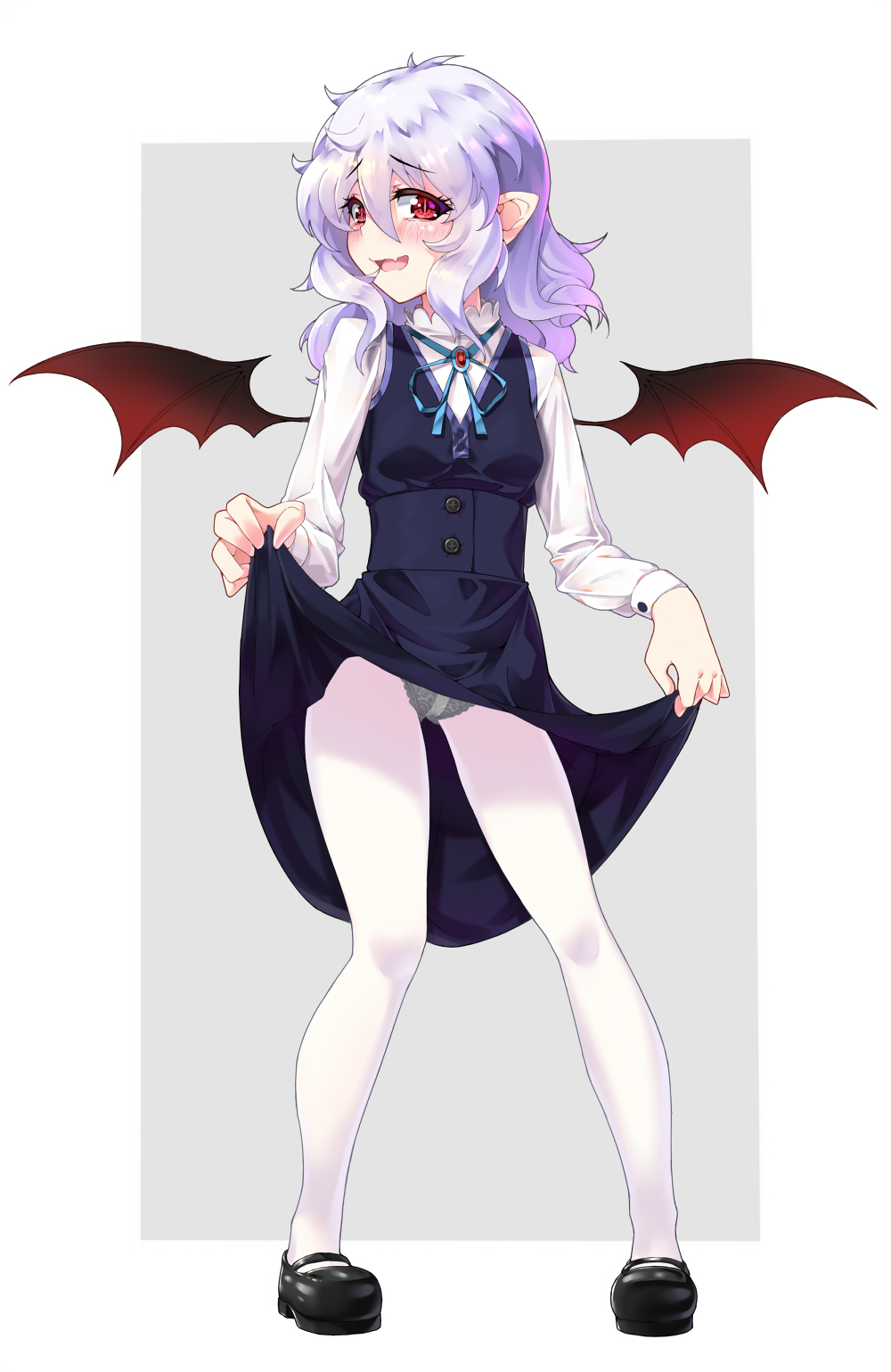 1girl alternate_costume bat_wings black_footwear black_panties black_skirt black_vest black_wings blue_ribbon blush brooch embarrassed fang full_body gala_king grey_background hair_between_eyes highres jewelry lace lace-trimmed_panties lavender_hair lifted_by_self long_sleeves looking_at_viewer mary_janes neck_ribbon panties panties_under_pantyhose pantyhose pointy_ears red_eyes remilia_scarlet ribbon shirt shoes skirt skirt_lift skirt_set solo standing touhou two-tone_background underwear vest white_background white_legwear white_shirt wings