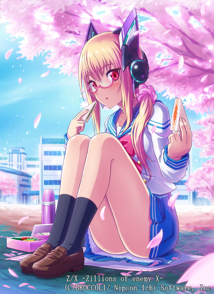 1girl blonde_hair blue_skirt blue_sky blush bow brown_footwear building cherry_blossoms company_name copyright_name day eblmeka food glasses hair_ornament headset holding holding_food loafers long_hair looking_at_viewer obentou official_art outdoors penny_loafers petals pink-framed_eyewear pink_scrunchie ponytail red_bow red_eyes sandwich school_uniform scrunchie shoes sidelocks sitting skirt sky socks thermos z/x