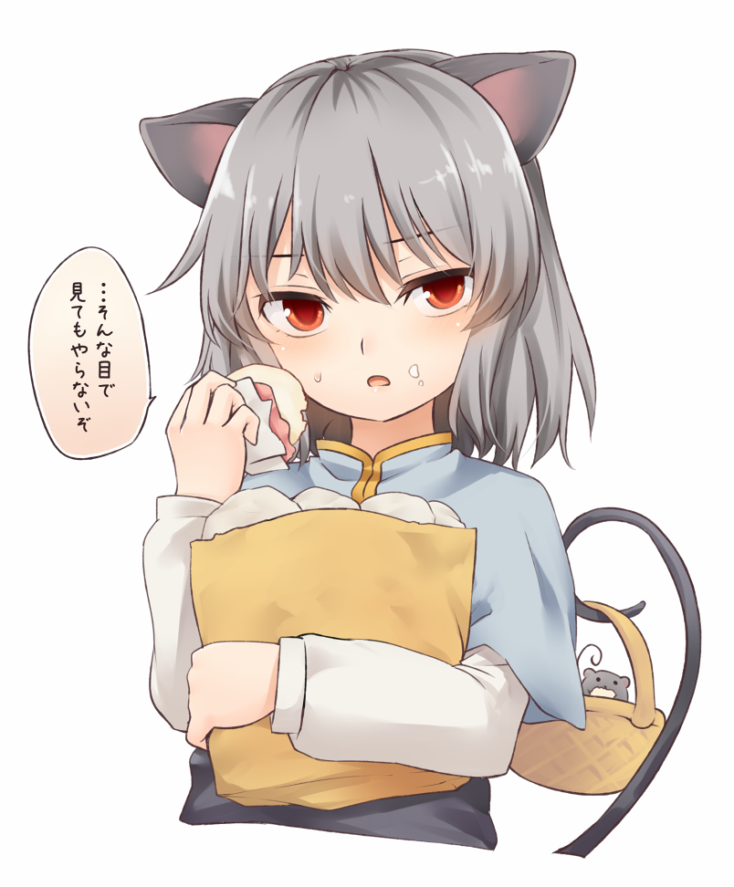 1girl animal_ears bag bangs baozi basket blue_capelet blush capelet commentary cropped_torso eyebrows_visible_through_hair food food_on_face grey_hair grey_vest hair_between_eyes hand_up holding holding_bag holding_basket holding_food long_sleeves looking_at_viewer miyo_(ranthath) mouse mouse_ears nazrin open_mouth paper_bag red_eyes shirt short_hair simple_background solo speech_bubble tail tail_hold touhou translated upper_body vest white_background white_shirt