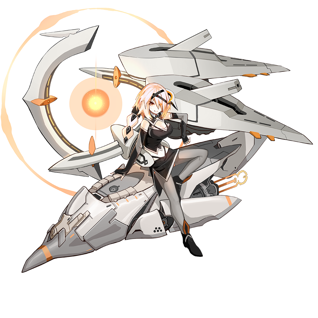 artist_request blush breasts cannon elbow_gloves enemy_vessel_(warship_girls_r) enemy_zumwalt_(warship_girls_r) energy_ball fingerless_gloves gloves grey_legwear hair_ornament hair_over_eyes large_breasts looking_at_viewer mechanical_halo miniskirt no_pants orange_eyes orange_hair pale_skin rigging short_hair sitting skirt smirk tagme turret warship_girls_r white_hair