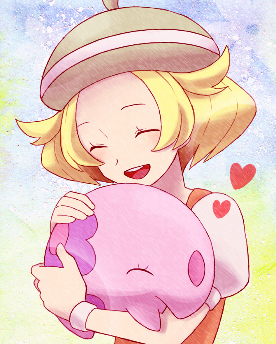 1girl ;d animal bad_id bad_pixiv_id bel_(pokemon) blonde_hair closed_eyes facing_viewer gen_5_pokemon green_eyes hat heart holding holding_animal moggy-cat munna one_eye_closed open_mouth pokemon pokemon_(game) pokemon_bw smile upper_body white_wristband wristband