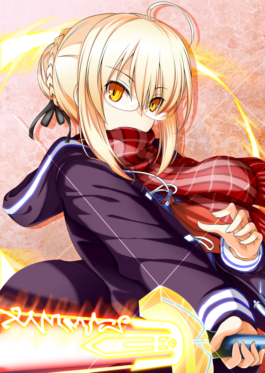 1girl ahoge artoria_pendragon_(all) blonde_hair braid excalibur eyebrows_visible_through_hair fate/grand_order fate_(series) french_braid glasses hair_between_eyes highres hood hoodie looking_at_viewer mysterious_heroine_x_(alter) plaid plaid_scarf scarf shadow solo sword weapon yellow_eyes yuu_(oosakazaijyuu)