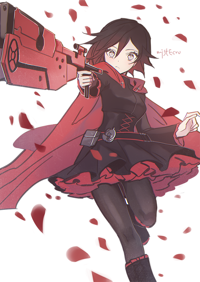 1girl artist_name bad_id bad_twitter_id belt black_dress cape corset crescent_rose dress ecru frilled_skirt frills gun petals ruby_rose rwby skirt solo twitter_username weapon