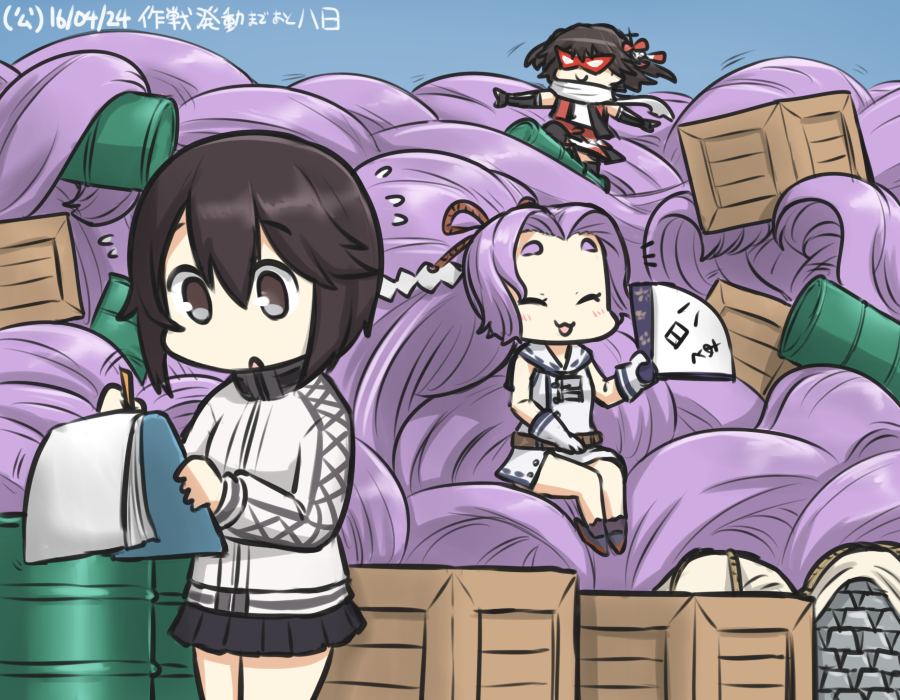 3girls absurdly_long_hair box clipboard commentary_request crate dated drum_(container) elbow_gloves fan flying_sweatdrops gloves hair_intakes hair_ornament hamu_koutarou hatsuharu_(kantai_collection) hayasui_(kantai_collection) holding holding_fan jacket kantai_collection long_hair mask multiple_girls ponytail purple_hair remodel_(kantai_collection) scarf sendai_(kantai_collection) short_hair skirt sleeveless smile steel_ingot too_many track_jacket translated two_side_up very_long_hair white_scarf writing