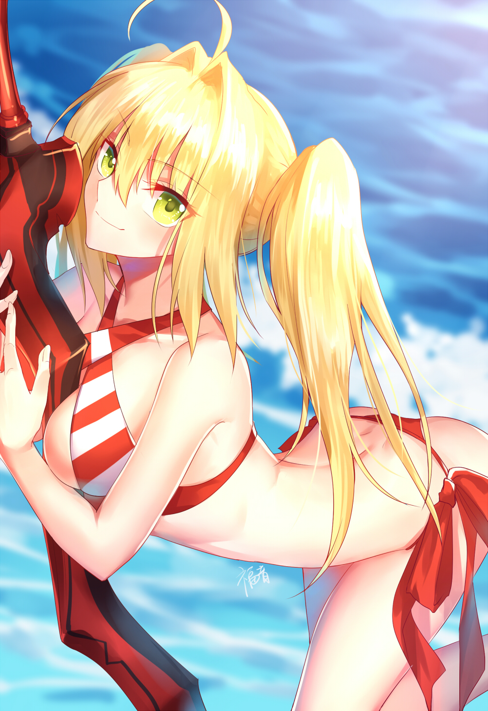 1girl aestus_estus ahoge arched_back ass bangs bare_arms bare_shoulders bikini blonde_hair blurry blurry_background blush breasts closed_mouth collarbone commentary_request criss-cross_halter day depth_of_field eyebrows_visible_through_hair fate/grand_order fate_(series) fingernails foam gogatsu_fukuin green_eyes hair_between_eyes hair_intakes halterneck highres leaning_forward long_hair medium_breasts nero_claudius_(fate)_(all) nero_claudius_(swimsuit_caster)_(fate) outdoors red_bikini_bottom side-tie_bikini signature smile solo standing standing_on_one_leg striped_bikini_top swimsuit twintails water