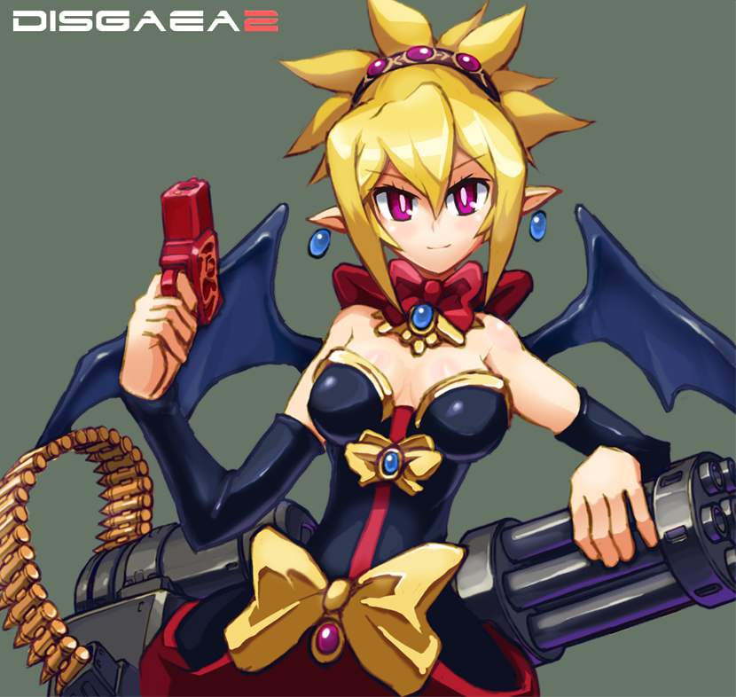 1girl ammunition_belt bare_shoulders bat_wings blonde_hair blush bow breasts commentary copyright_name demon_girl detached_sleeves disgaea dress earrings eyebrows_visible_through_hair gatling_gun gun hair_between_eyes hair_ornament handgun holding huge_bow jewelry makai_senki_disgaea_2 pistol pointy_ears red_bow red_eyes rozalin simple_background smile solo strapless strapless_dress violet_eyes weapon wings yellow_bow yuusuke_(5yusuke3)