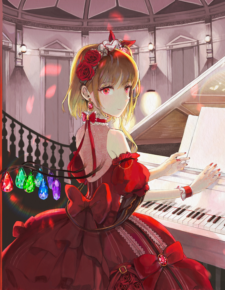 1girl alternate_costume alternate_headwear back_bow backlighting blonde_hair bow closed_mouth commentary_request cowboy_shot crystal detached_sleeves dress earrings ef_(ppps33) flandre_scarlet flower frilled_sleeves frills from_behind gem hair_flower hair_ornament hairband indoors instrument jewelry lace lolita_hairband looking_at_viewer looking_back nail_polish one_side_up piano puffy_detached_sleeves puffy_short_sleeves puffy_sleeves red_bow red_dress red_eyes red_flower red_nails red_rose rose see-through short_hair short_hair_with_long_locks short_sleeves smile solo touhou wings wrist_cuffs