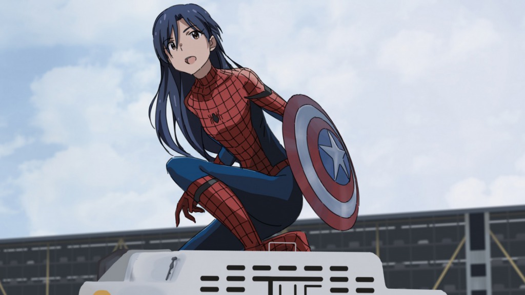 1girl alternate_costume bangs blue_hair blue_sky blurry blurry_background bodysuit captain_america_civil_war clouds cosplay covered_collarbone crossover day eyebrows_visible_through_hair flat_chest full_body holding_shield idolmaster kisaragi_chihaya knee_up kneeling long_hair marvel multicolored multicolored_bodysuit multicolored_clothes open_mouth outdoors parody shield shiny shiny_hair sky solo spider-man spider-man_(cosplay) star taku1122 teeth yellow_eyes