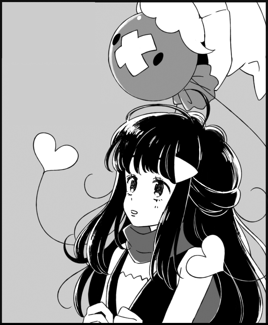 1girl bangs bare_shoulders beanie black_border border drifloon flat_chest grey_background greyscale hair_ornament hairclip hands_up hat heart hikari_(pokemon) komasawa_(fmn-ppp) long_hair looking_at_another looking_up monochrome pokemon pokemon_(creature) pokemon_(game) pokemon_dppt scarf shirt simple_background sleeveless sleeveless_shirt tied_hair upper_body