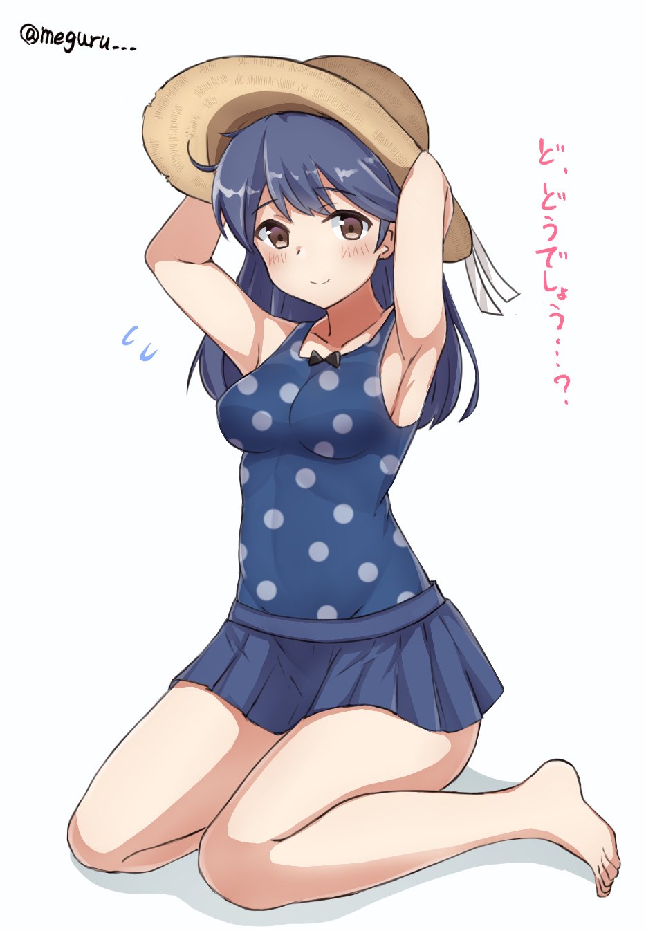 1girl ahoge armpits arms_behind_head barefoot black_hair blue_swimsuit blush breasts brown_eyes full_body hat highres kantai_collection large_breasts long_hair meguru_(megurunn) one-piece_swimsuit polka_dot polka_dot_swimsuit seiza simple_background sitting smile solo straw_hat swimsuit translated twitter_username ushio_(kantai_collection) white_background