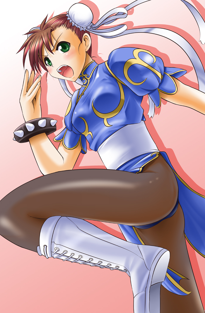 1girl arm_up bangs blue_dress boots bracelet brown_hair brown_legwear bun_cover china_dress chinese_clothes chun-li chun-li_(cosplay) cosplay cross-laced_footwear digdug006 double_bun dress eyebrows_visible_through_hair gold_trim gradient gradient_background green_eyes jewelry kanamori_reiko knee_boots lace-up_boots leg_lift legs open_mouth pantyhose pelvic_curtain pink_background ribbon sash short_sleeves solo spiked_bracelet spikes standing standing_on_one_leg street_fighter thighs white_footwear wrestle_angels wrestle_angels_survivor