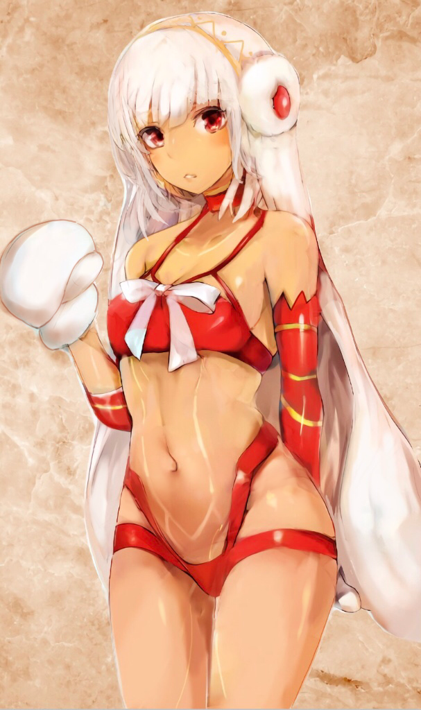 1girl altera_(fate) altera_the_santa artrageousgirl bangs bare_shoulders blunt_bangs breasts choker collarbone commentary_request dark_skin detached_sleeves earmuffs fate/grand_order fate_(series) feet_out_of_frame full_body_tattoo gloves headdress hip_focus jewelry looking_at_viewer midriff navel parted_lips red_eyes revealing_clothes short_hair small_breasts solo stomach stomach_tattoo tan tattoo thighs veil white_hair