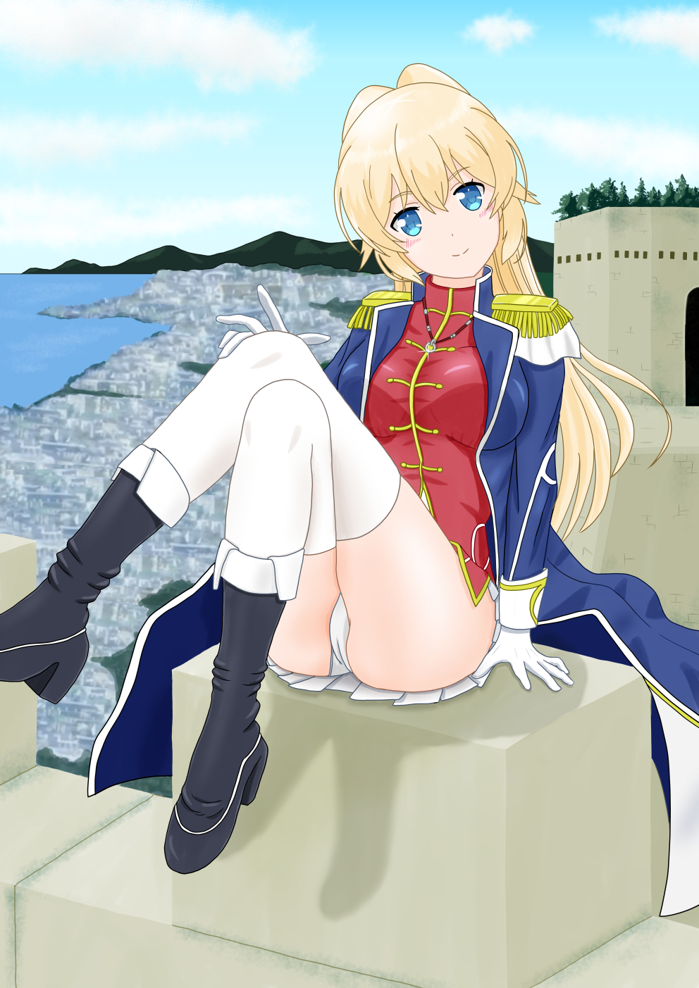 1girl blonde_hair blue_eyes blush breasts commentary commission epaulettes gold_trim highres large_breasts long_hair looking_at_viewer military military_uniform panties regalia_the_three_sacred_stars ringsofsix skirt smile solo thigh-highs underwear uniform white_legwear white_panties yuinshiel_asteria