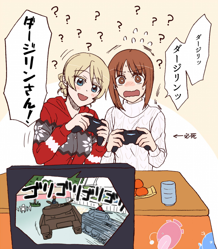 2girls ? anglerfish bangs blonde_hair blue_eyes bright_pupils brown_eyes brown_hair casual commentary_request crusader_(tank) darjeeling emblem eyebrows_visible_through_hair flying_sweatdrops frown girls_und_panzer ground_vehicle hippopotamus holding_controller kotatsu leaning_to_the_side long_sleeves looking_at_viewer military military_vehicle motion_lines motor_vehicle multiple_girls nishizumi_miho open_mouth panzerkampfwagen_iv playing_games print_sweater red_sweater ribbed_sweater short_hair sitting smile sweatdrop sweater table tank tied_hair torinone translated turtleneck wavy_mouth white_pupils white_sweater