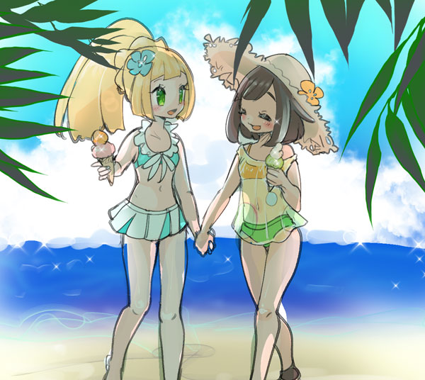 2girls beach bikini bikini_skirt black_footwear blue_bikini blue_sky brown_hair brown_headwear chorimokki closed_eyes clouds commentary_request day flat_chest flower food green_eyes hand_up happy hat hat_flower holding holding_hands ice_cream ice_cream_cone jpeg_artifacts lillie_(pokemon) looking_at_another mizuki_(pokemon) multiple_girls navel ocean open_mouth orange_flower outdoors poke_ball_symbol pokemon pokemon_(game) pokemon_sm see-through short_hair sky smile sparkle standing straw_hat sun_hat swimsuit tree walking water