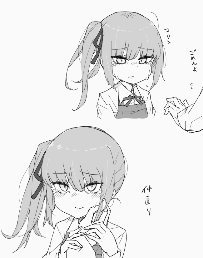 1boy 1girl commentary crying dress eyebrows_visible_through_hair eyes_visible_through_hair greyscale hair_between_eyes hair_ribbon kantai_collection kasumi_(kantai_collection) long_hair military military_uniform monochrome neck_ribbon pinafore_dress ribbon side_ponytail speech_bubble translated tsundere tsurime uniform zeroyon_(yukkuri_remirya)