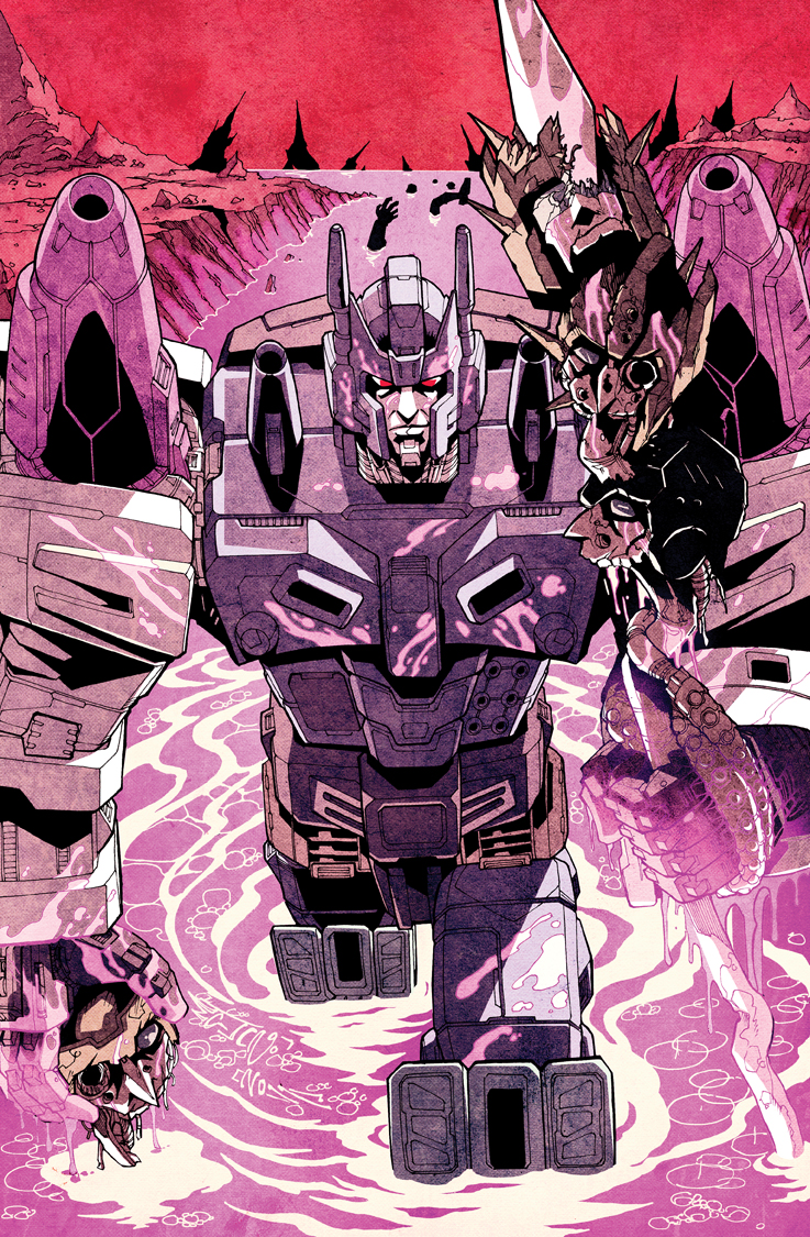 80s alex_milne closed_mouth colorful commentary decepticon disembodied_head english_commentary high_contrast holding_head looking_at_viewer machinery mecha no_humans official_art oldschool outdoors overlord_(idw) overlord_(transformers) pink_theme polearm red_eyes science_fiction smile solo spear teeth the_transformers_(idw) transformers weapon