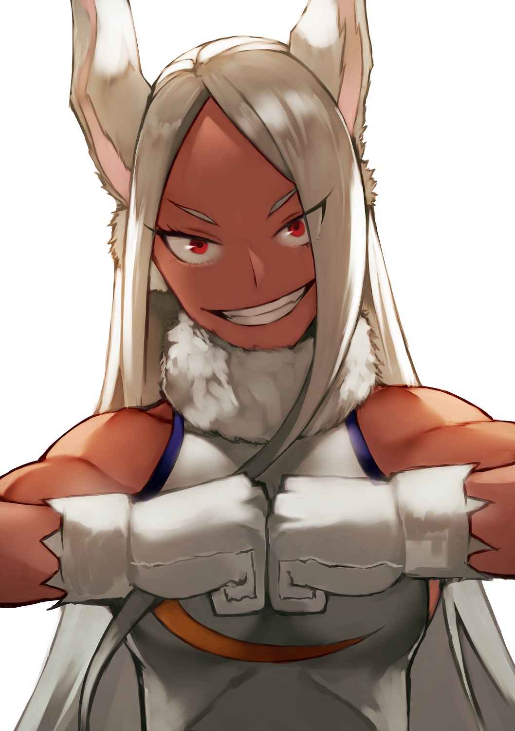 1girl 55level animal_ears boku_no_hero_academia dark_skin gloves grin highres long_hair mirko rabbit_ears red_eyes smile solo teeth upper_body