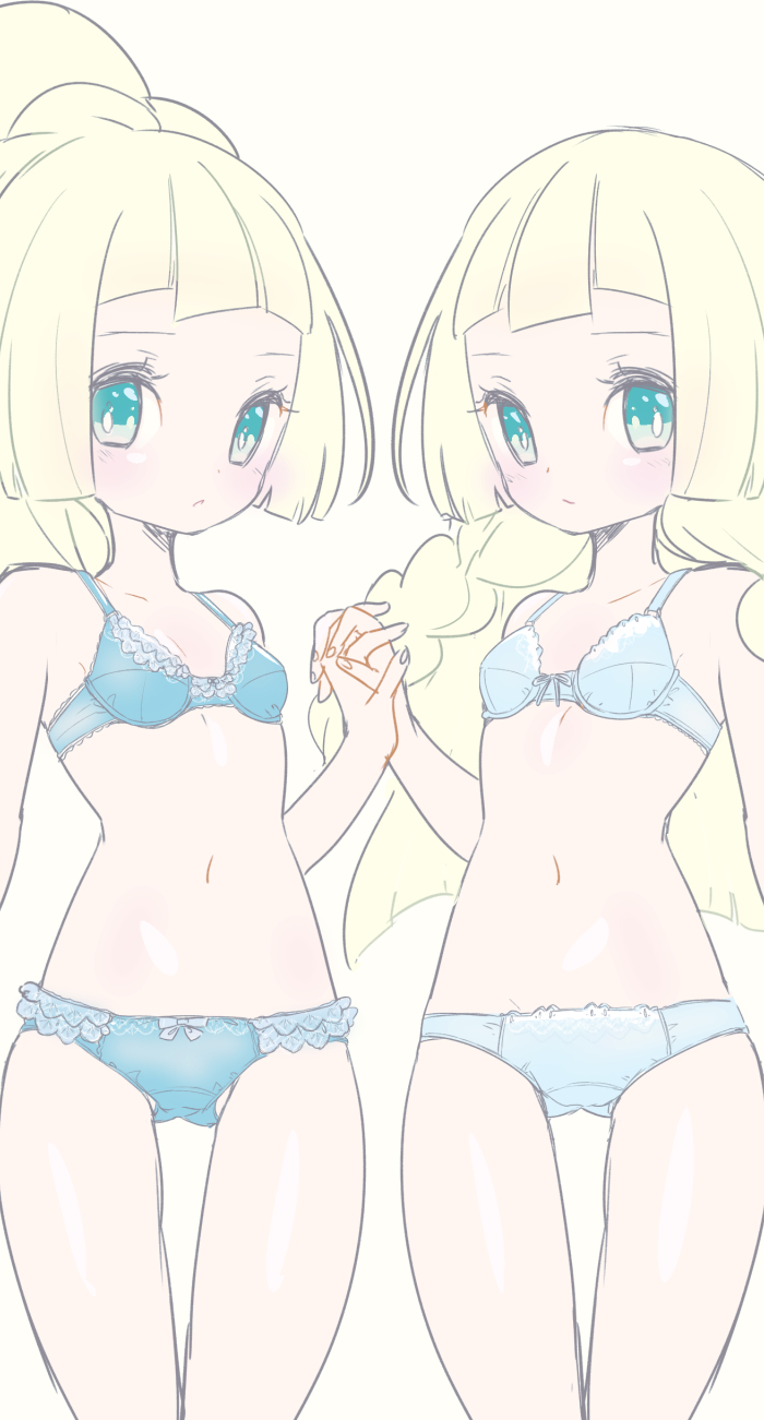 2girls ass_visible_through_thighs blonde_hair blue_bra blue_panties blush bow bow_bra bow_panties bra braid breasts chorimokki commentary_request dual_persona french_braid frilled_bra frilled_panties frills green_eyes hand_up highres holding_hands lillie_(pokemon) long_hair looking_at_viewer multiple_girls navel panties poke_ball_symbol pokemon pokemon_(game) pokemon_sm shiny shiny_skin simple_background small_breasts standing thigh_gap tied_hair underwear underwear_only white_background