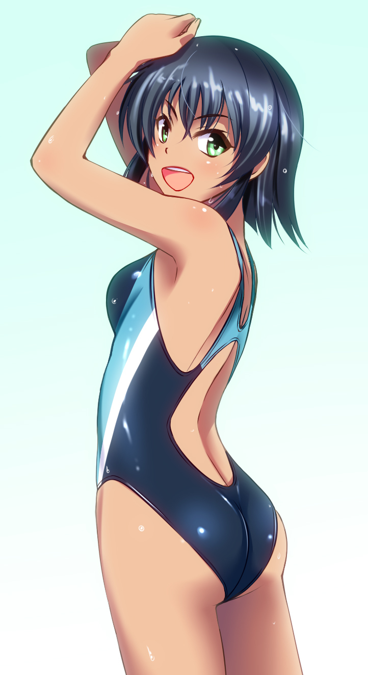 1girl armpits arms_up ass bangs bare_legs bare_shoulders black_hair blue_swimsuit breasts competition_swimsuit dark_skin digdug006 eyebrows_visible_through_hair from_behind gradient gradient_background green_eyes highres legs looking_at_viewer looking_back medium_breasts one-piece_swimsuit open_mouth rial_diana short_hair solo standing swimsuit thighs wet wet_clothes wet_swimsuit wrestle_angels wrestle_angels_survivor wrestle_angels_survivor_2