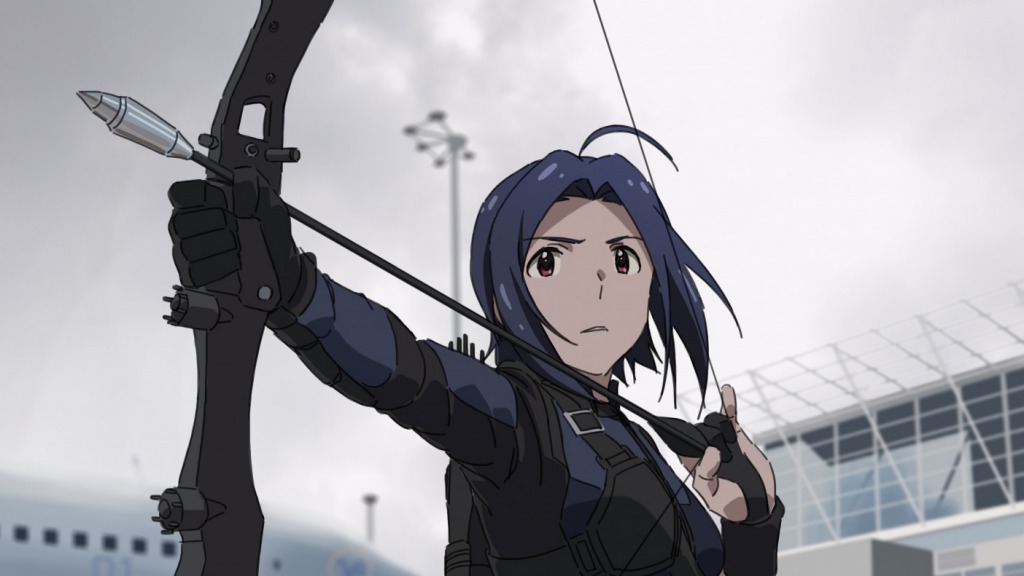 1girl ahoge aircraft airplane airport alternate_costume arm_up arrow black_gloves blue_hair blurry blurry_background bow_(weapon) captain_america_civil_war clouds cosplay crossover day drawing_bow eyebrows_visible_through_hair gloves grey_sky hand_up hawkeye_(marvel) hawkeye_(marvel)_(cosplay) holding holding_bow_(weapon) holding_weapon idolmaster left-handed long_sleeves marvel miura_azusa outdoors outstretched_arm parody parted_lips quiver red_eyes shiny shiny_hair short_hair solo taku1122 teeth upper_body weapon