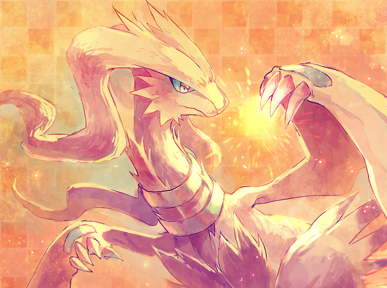arm_up blue_eyes blue_sclera checkered checkered_background claws closed_mouth dragon gen_5_pokemon hand_up nagakura_(seven_walkers) no_humans orange_background pokemon pokemon_(creature) reshiram solo