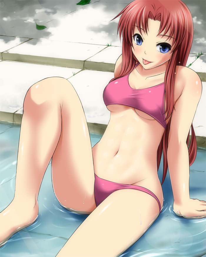 1girl :p arms_behind_back bangs bare_legs bikini blue_eyes blush breasts brown_hair collarbone corey_sniper day digdug006 eyebrows_visible_through_hair groin leg_up legs long_hair looking_at_viewer navel outdoors parted_bangs pink_bikini pool shiny shiny_skin sitting smile solo swimsuit thighs tongue tongue_out under_boob water wet wrestle_angels