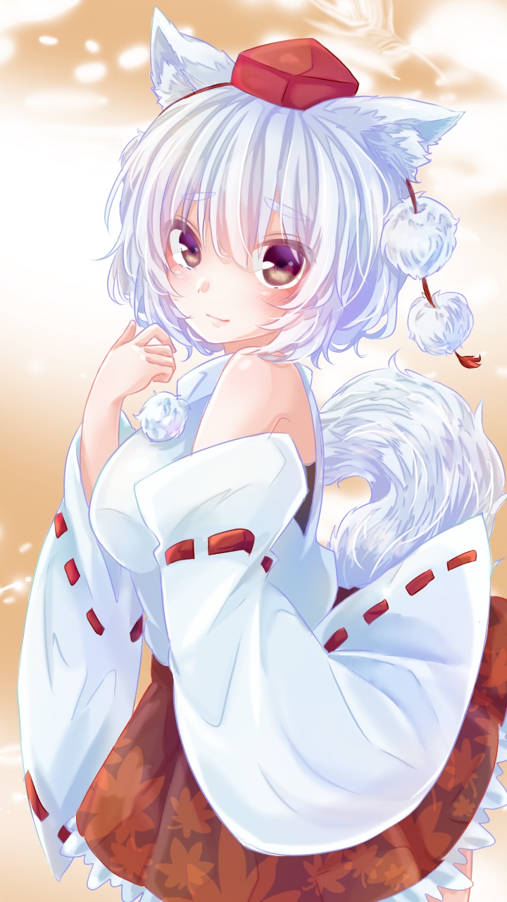 1girl animal_ears bare_shoulders blush breasts detached_sleeves hat highres inubashiri_momiji leaf looking_at_viewer maple_leaf medium_breasts medium_skirt pom_pom_(clothes) red_eyes red_skirt ribbon-trimmed_sleeves ribbon_trim shirt short_hair silver_hair skirt sleeveless sleeveless_shirt solo tail tokin_hat touhou turtleneck white_shirt wide_sleeves wolf_ears wolf_tail yunagi_(arukumaruta)