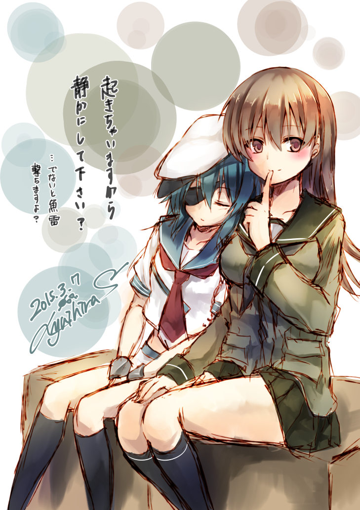 2girls brown_eyes brown_hair commentary eyepatch green_hair hat head_on_another's_shoulder kantai_collection kiso_(kantai_collection) kneehighs leaning_on_person leaning_to_the_side long_hair military military_uniform multiple_girls naval_uniform ooi_(kantai_collection) pleated_skirt sailor_hat school_uniform serafuku short_hair side-by-side sitting skirt sleeping sleeping_on_person sleeping_upright translated uniform yuihira_asu