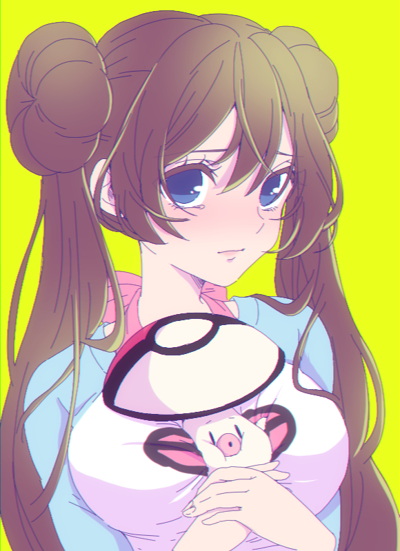 1girl between_breasts blue_eyes blue_shirt bow breast_press breasts brown_hair cheek_squash closed_mouth commentary_request double_bun foongus gen_5_pokemon hands_together holding large_breasts long_hair looking_at_viewer mokorei mushroom no_pupils pink_bow poke_ball_print poke_ball_theme pokemon pokemon_(creature) pokemon_special raglan_sleeves sad shirt simple_background solo twintails upper_body whi-two_(pokemon) white_shirt yellow_background