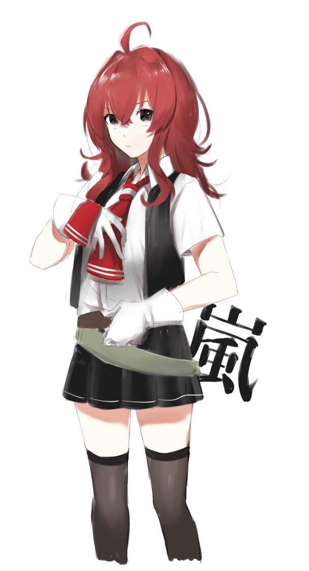 1girl :/ ahoge arashi_(kantai_collection) belt black_legwear black_skirt black_vest blouse brown_eyes character_name closed_mouth collared_blouse commentary_request cropped_legs feet_out_of_frame frown gloves hair_between_eyes hand_on_belt hand_on_own_chest hand_up kanji kantai_collection looking_at_viewer medium_hair messy_hair miniskirt morinaga_miki neckerchief open_clothes open_vest pleated_skirt red_neckwear redhead short_sleeves sidelocks simple_background skirt solo standing thigh-highs translated vest white_background white_blouse white_gloves wing_collar zettai_ryouiki