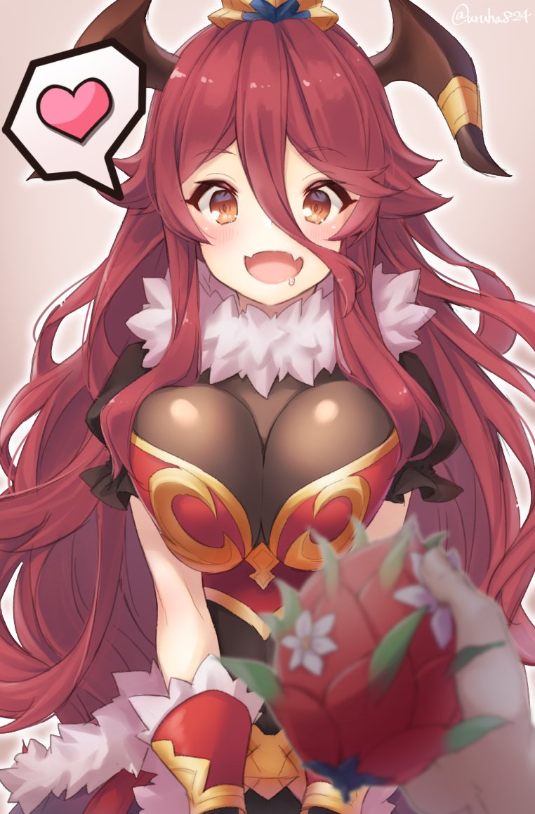 1girl blush breasts commentary_request dragalia_lost dragon_horns drooling fangs food fruit fur_trim gloves heart horns large_breasts long_hair looking_at_viewer mym_(dragalia_lost) open_mouth red_eyes redhead saliva solo spoken_heart twitter_username uruha_(yw1109)