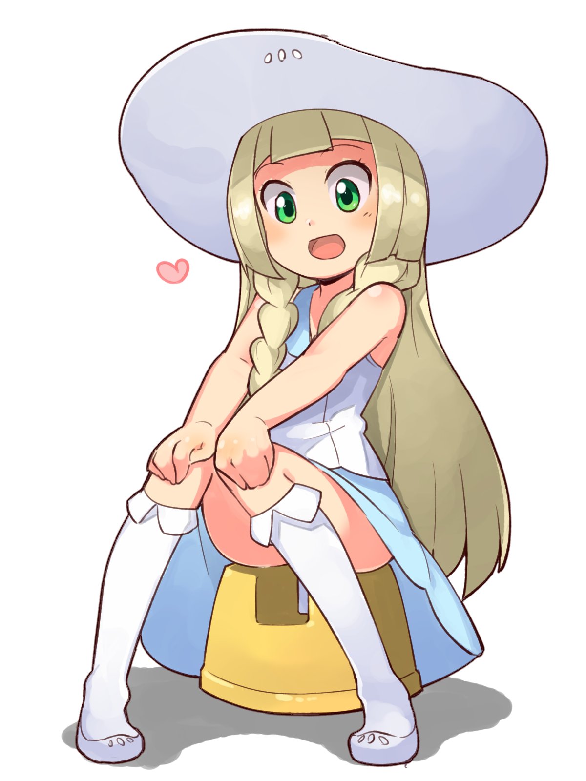 1girl bare_shoulders blonde_hair blush braid commentary_request convenient_leg dress eyebrows_visible_through_hair flat_chest fukurou_(owl222) full_body green_eyes hands_on_own_knees happy hat heart highres jpeg_artifacts kneehighs knees_together_feet_apart lillie_(pokemon) long_hair open_mouth pigeon-toed pokemon pokemon_(game) pokemon_sm shiny shiny_hair shiny_skin shoes simple_background sitting sleeveless sleeveless_dress smile solo stool sun_hat tied_hair twin_braids white_background white_dress white_footwear white_headwear white_legwear