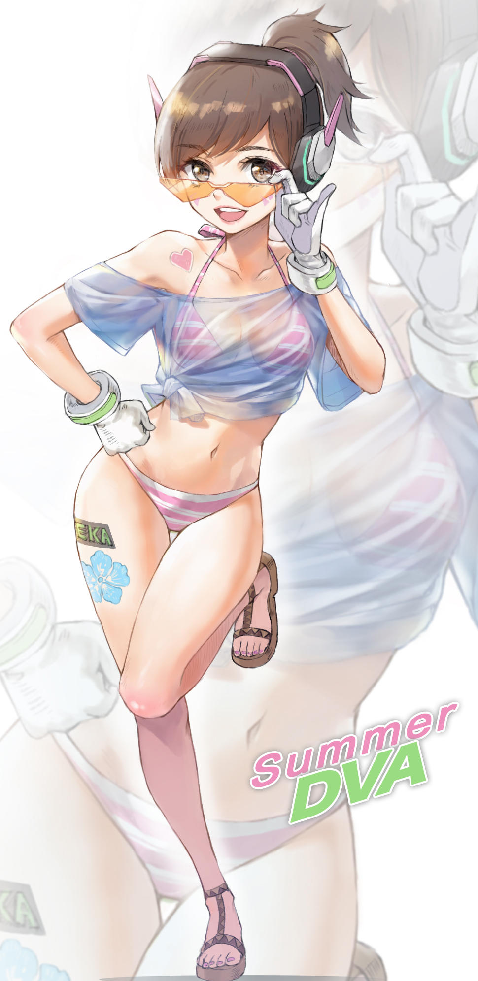 1girl :d adjusting_eyewear bikini breasts brown_hair commentary d.va_(overwatch) english_commentary eyebrows_visible_through_hair full_body gloves hand_on_hip highres looking_at_viewer medium_breasts midriff navel open_mouth overwatch pink_bikini ponytail sandals see-through shirt short_hair short_ponytail smile solo standing standing_on_one_leg striped striped_bikini sunglasses swimsuit tattoo tied_shirt tonee upper_teeth white_gloves zoom_layer