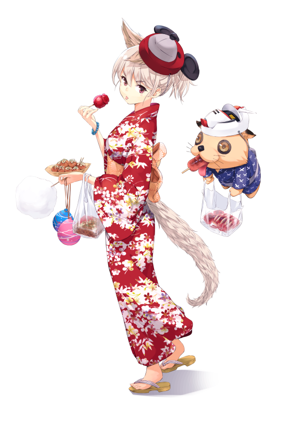 1girl animal_ears apple bangs bear bow bracelet brown_eyes cotton_candy dog floral_print flying food food_in_mouth fruit full_body hair_between_eyes hair_ornament head_tilt holding holding_food holding_fruit holding_tray japanese_clothes jewelry kimono large_bow looking_at_viewer looking_back low_ponytail maeda_risou mask mask_on_head mouse original profile sandals short_hair silver_hair simple_background solo standing tail tongue tongue_out traditional_clothes tray violet_eyes white_background wolf_ears wolf_girl wolf_tail