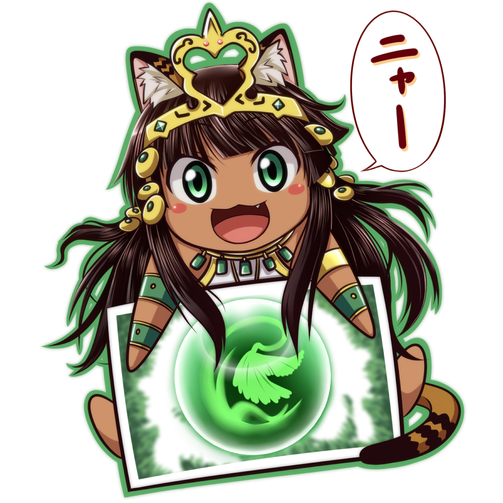 1girl :3 :d barefoot bastet_(p&amp;d) blush_stickers bracelet brown_hair chibi commentary_request crown egyptian_clothes eyebrows_visible_through_hair fang green_eyes green_outline jewelry long_hair looking_at_viewer necklace nyan open_mouth puzzle_&amp;_dragons simple_background smile solo speech_bubble tottsuman translated white_background