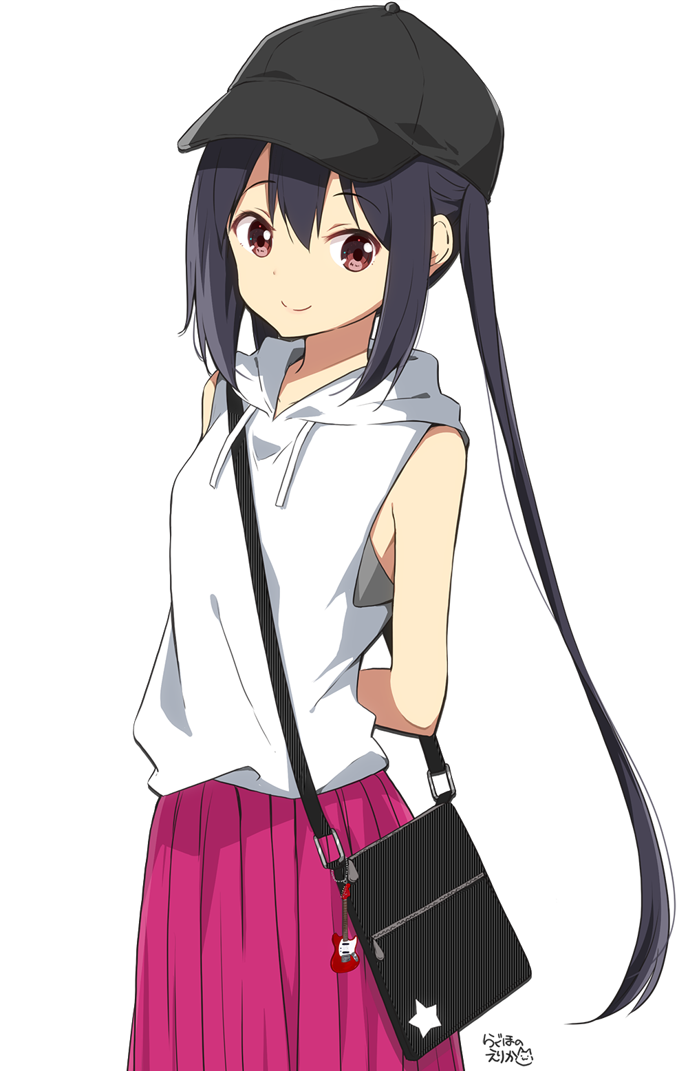 1girl arms_behind_back artist_name bag bag_charm bangs bare_arms baseball_cap black_hair black_headwear casual charm_(object) closed_mouth cowboy_shot hat highres hood hood_down hoodie k-on! long_hair looking_at_viewer nakano_azusa pink_skirt ragho_no_erika red_eyes shoulder_bag signature skirt sleeveless sleeveless_hoodie smile solo star tareme twintails very_long_hair