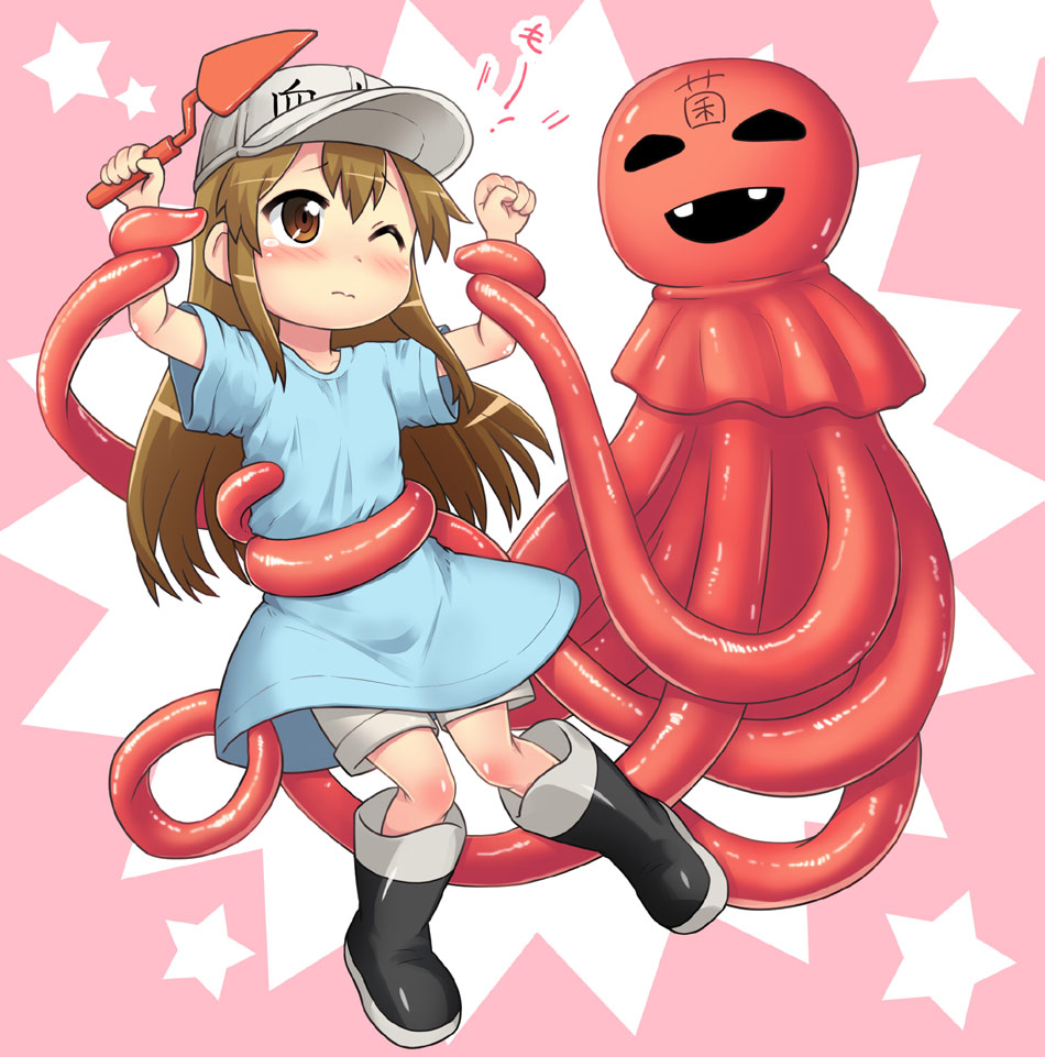 1girl arms_up bangs black_eyes black_footwear blue_shirt blush boots brown_eyes brown_hair child clenched_hand closed_mouth clothes_writing collarbone commentary_request eyebrows_visible_through_hair full_body hase_yu hataraku_saibou holding jpeg_artifacts long_hair looking_at_another monster open_mouth oversized_clothes oversized_shirt pink_background platelet_(hataraku_saibou) restrained shiny shiny_clothes shiny_hair shiny_skin shirt short_sleeves shorts smile star tears teeth tentacles translation_request trowel two-tone_background white_shorts you_gonna_get_raped