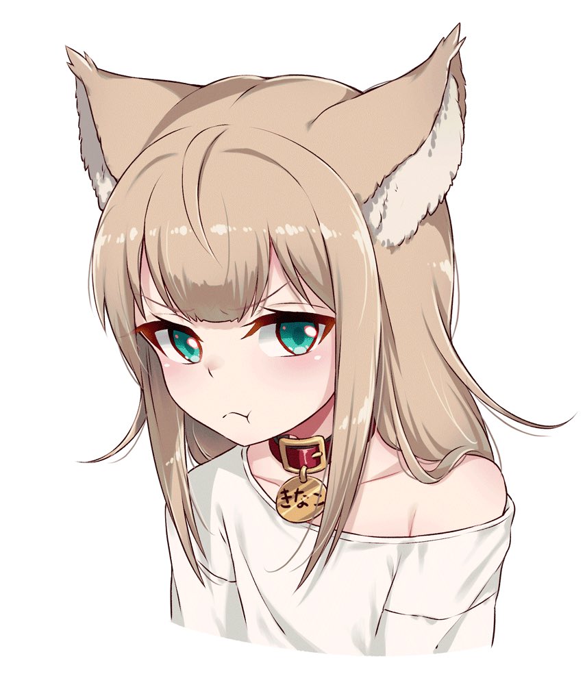 &gt;:( 1girl 40hara :t ahoge animal_ears aqua_eyes blonde_hair cat_ears cat_girl closed_mouth collar collarbone dog_collar frown kinako_(40hara) long_hair looking_at_viewer off_shoulder original pout shirt simple_background solo translated tsurime upper_body v-shaped_eyebrows white_background white_shirt white_t-shirt