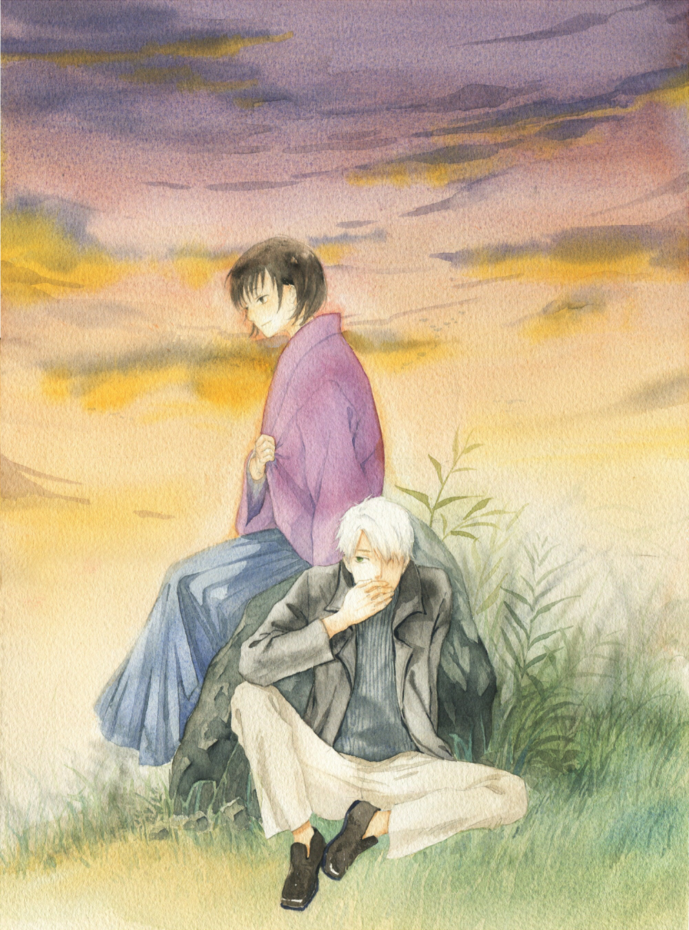 1boy 1girl amber_t bangs black_footwear black_hair blue_hakama chinese_commentary clouds cloudy_sky evening facing_viewer from_side full_body ginko gradient_sky grass green_eyes grey_jacket grey_sweater hair_over_one_eye hakama hakama_pants haori highres jacket japanese_clothes loafers looking_away mushishi one_eye_covered outdoors painting_(medium) pants pink_sky red_jacket rock shoes short_hair sideways_glance sitting sky smoking straight_hair sweater tanyuu_karibusa traditional_media twilight watercolor_(medium) white_hair white_pants yellow_sky