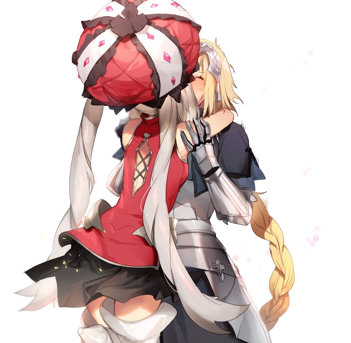 2girls armor armored_dress blonde_hair boots braid closed_eyes fate/apocrypha fate/grand_order fate_(series) french_kiss hug jeanne_d'arc_(fate) jeanne_d'arc_(fate)_(all) kiss marie_antoinette_(fate/grand_order) miniskirt multiple_girls no-kan skirt thigh-highs thigh_boots twintails yuri zettai_ryouiki