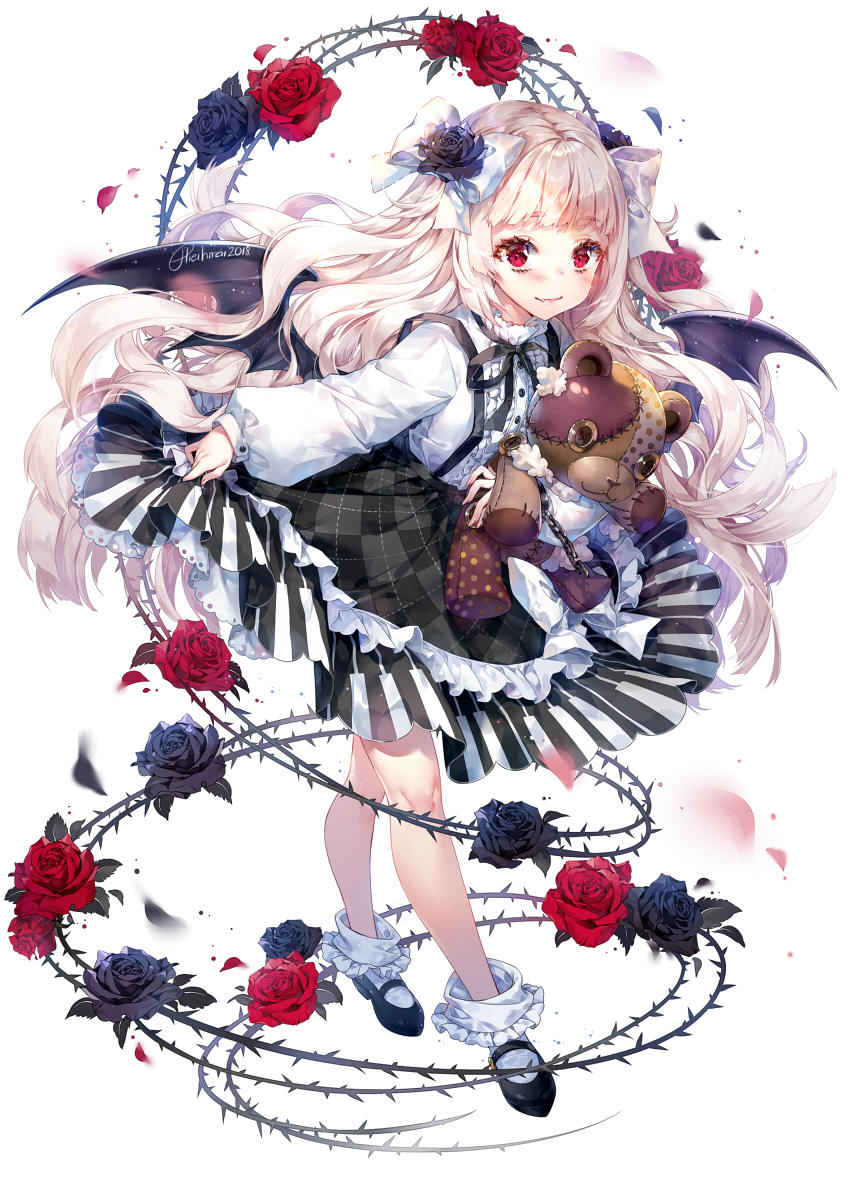 1girl bangs bat_wings blanca_(liliorl) blonde_hair commission curtsey dress fang flower frilled_dress frills full_body hair_flower hair_ornament hieihirai highres lace lolita_fashion long_hair looking_at_viewer original piano_print puffy_sleeves red_eyes ribbon rose skirt_hold smile solo stuffed_animal stuffed_toy teddy_bear thorns vampire wavy_hair white_hair wings