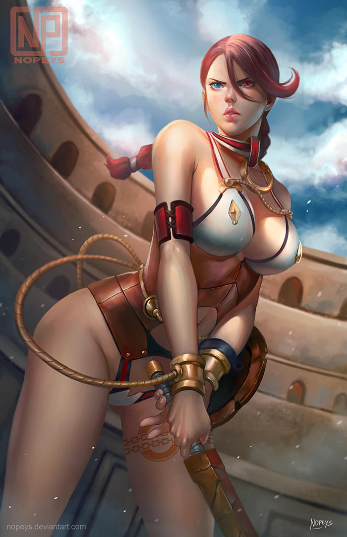 1girl arena armband artist_name bare_shoulders bikini blue_sky braid branwen breasts brown_hair clouds collar colosseum commentary cowboy_shot deviantart_username from_below heterochromia holding holding_sword holding_weapon large_breasts legs long_hair navel norman_de_mesa parted_lips queen's_blade queen's_blade_rebellion shield sideboob signature sky slave solo swimsuit sword tattoo thighs underbust weapon white_bikini