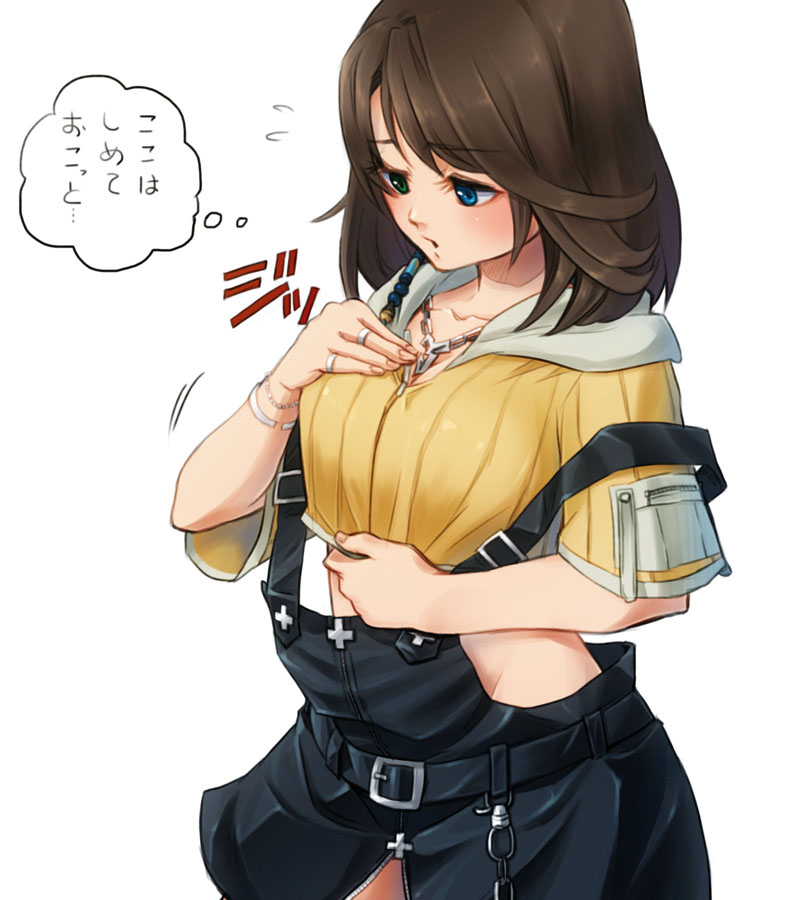 1girl abiko_yuuji belt belt_buckle black_belt black_overalls blue_eyes bracelet breasts brown_hair buckle chain_necklace chestnut_mouth collarbone commentary cosplay crossdressinging eyebrows_visible_through_hair final_fantasy final_fantasy_x fingernails flying_sweatdrops green_eyes groin half-closed_eyes heterochromia jewelry medium_breasts medium_hair motion_lines necklace open_mouth overalls ring short_sleeves silver_trim simple_background solo sound_effects strap_gap thought_bubble tidus tidus_(cosplay) translated wardrobe_malfunction white_background yuna_(ff10)