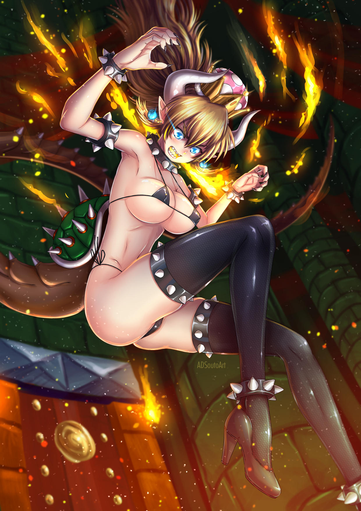 1girl adsouto bare_shoulders bikini blonde_hair blue_eyes bowsette bracelet breasts collar crown highres horns jewelry large_breasts super_mario_bros. new_super_mario_bros._u_deluxe spiked_bracelet spiked_collar spikes super_crown swimsuit