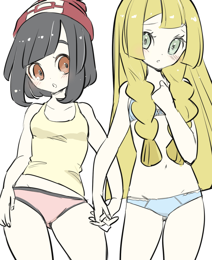 2girls bare_shoulders beanie black_hair blonde_hair blue_bra blue_panties blush bra braid breasts chorimokki collarbone commentary_request cowboy_shot green_eyes groin hand_up hat holding_hands lillie_(pokemon) long_hair looking_at_another looking_at_viewer looking_to_the_side mizuki_(pokemon) multiple_girls navel orange_eyes panties parted_lips poke_ball_symbol poke_ball_theme pokemon pokemon_(game) pokemon_sm red_headwear red_panties shiny shiny_hair shirt short_hair simple_background sketch sleeveless sleeveless_shirt small_breasts standing tied_hair twin_braids underwear underwear_only white_background yellow_shirt