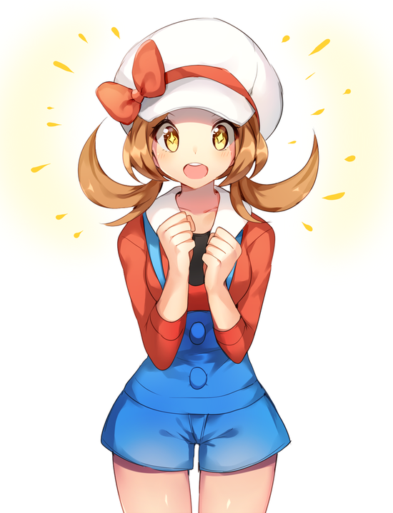 1girl blush bow breasts brown_hair chestnut_mouth clenched_hands collarbone cowboy_shot creatures_(company) diamond-shaped_pupils game_freak hands_up happy hat hat_bow kotone_(pokemon) looking_at_viewer nintendo open_mouth overalls pokemon pokemon_(game) pokemon_hgss red_bow red_shirt shirt simple_background small_breasts smile solo standing symbol-shaped_pupils thigh_gap tied_hair twintails white_background white_headwear yellow_eyes yuhi_(hssh_6)