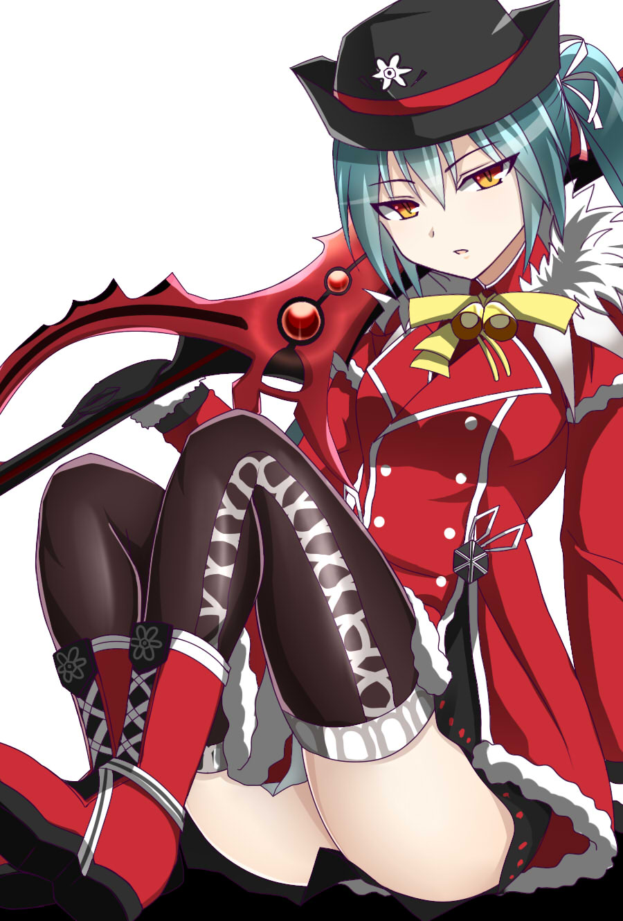 1girl alice360 alternate_color bell crimson_avenger_(elsword) elesis_(elsword) elsword eyebrows_visible_through_hair hat highres holding holding_weapon open_mouth over_shoulder ponytail sword thighs uniform weapon weapon_over_shoulder